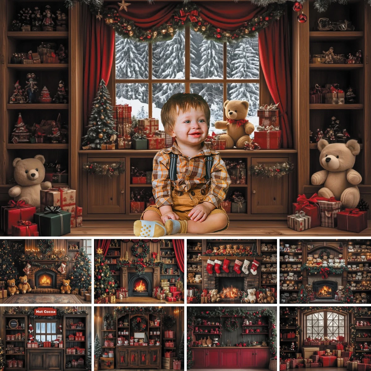 Acogedor fondo de Navidad para interiores, chimenea, árbol de Navidad, medias de oso de peluche, decoración para fiestas navideñas, fondo de fotografía para niños y adultos