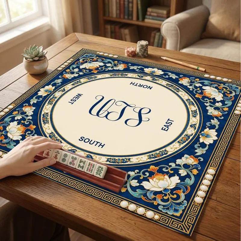 VIKAMA Enamel Lotus Monogram Mahjong Mat Pearl Trim Non Slip Pad Zoned American Mahjong Desktop Cover