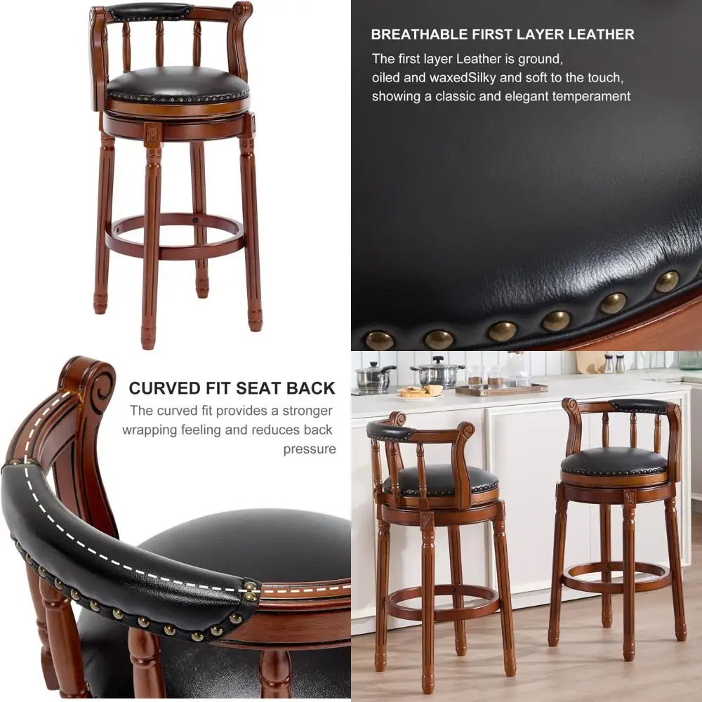 

Leather and Wooden Bar Stools with 360-Degree Swivel and Back Support for Kitchen Counters and Modern Home Bars