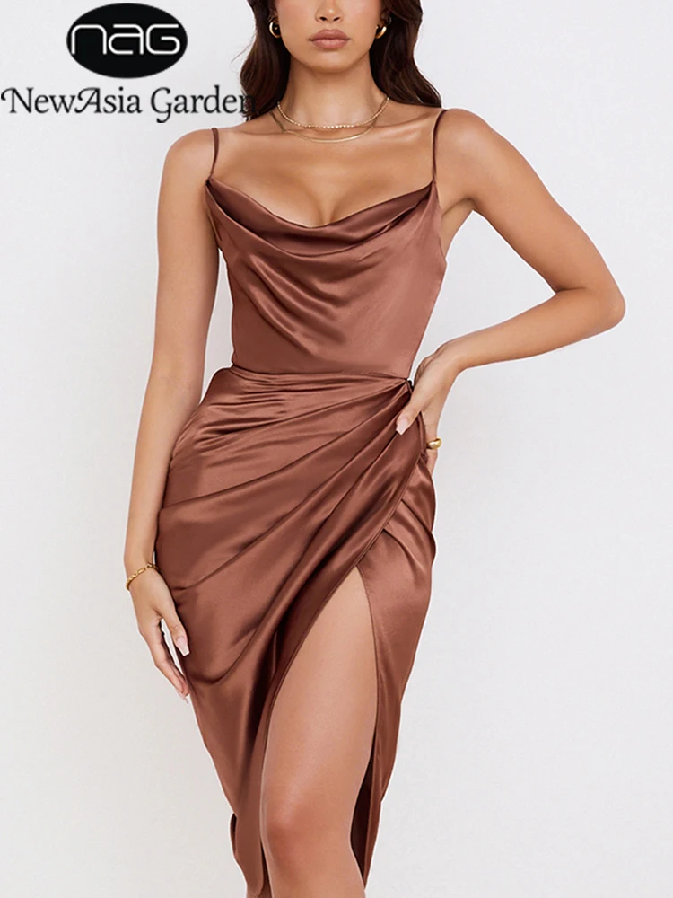 NewAsia Satin Dress Spaghetti Strap Split Ruched Cowl Neck 2 Layer Elastic Zipper Midi Dress Elegant Sexy Dresses for Women 2021