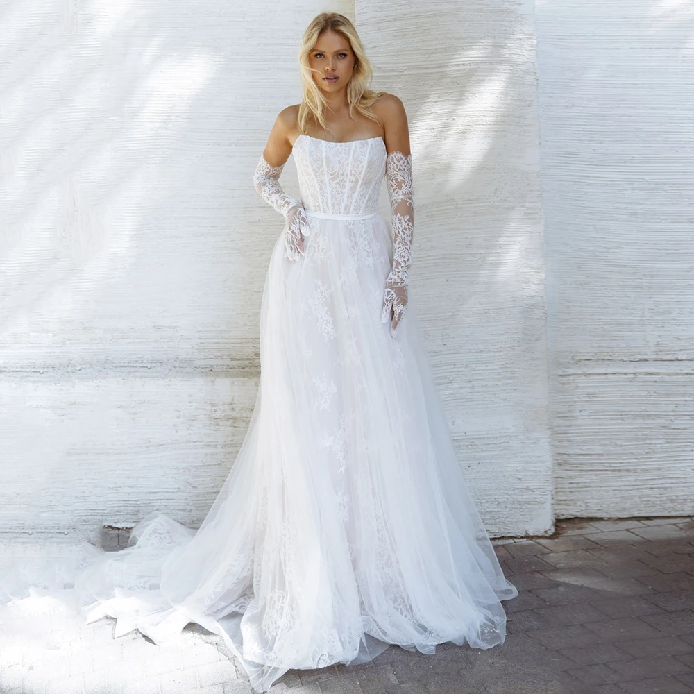 New Lace Wedding Dress for Bride Customized Scoop Neck Sweep Train A Line Woman Corset Bridal Gown Robe De Mariage No Gloves