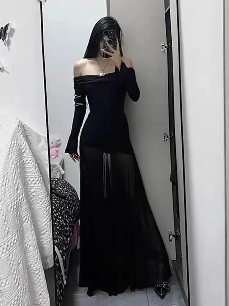 Vestidos de manga comprida das mulheres vestido topos para mulher primavera chiffon cauda manga comprida artístico fora do ombro emendado em camadas y2k