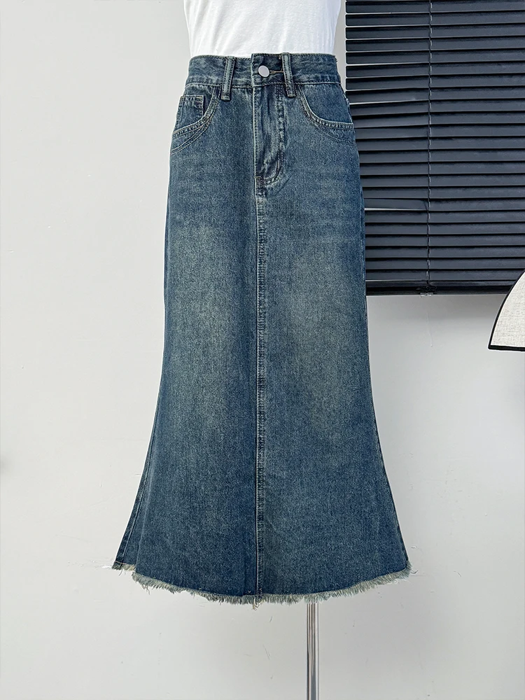 

Vintage Blue Raw Edge Fishtail Skirt Women Autumn New High Waist Mid Length Denim Skirts Elegant Ladies Jean Skirts