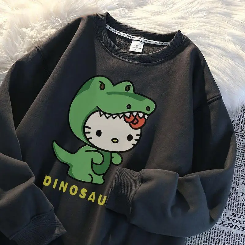 

Sanrio Hello Kitty women's Hoodie Pullover coat tops Autumn Winter Dinosaur Print New Sweet Cool Oversize Round Neck Long Sleeve