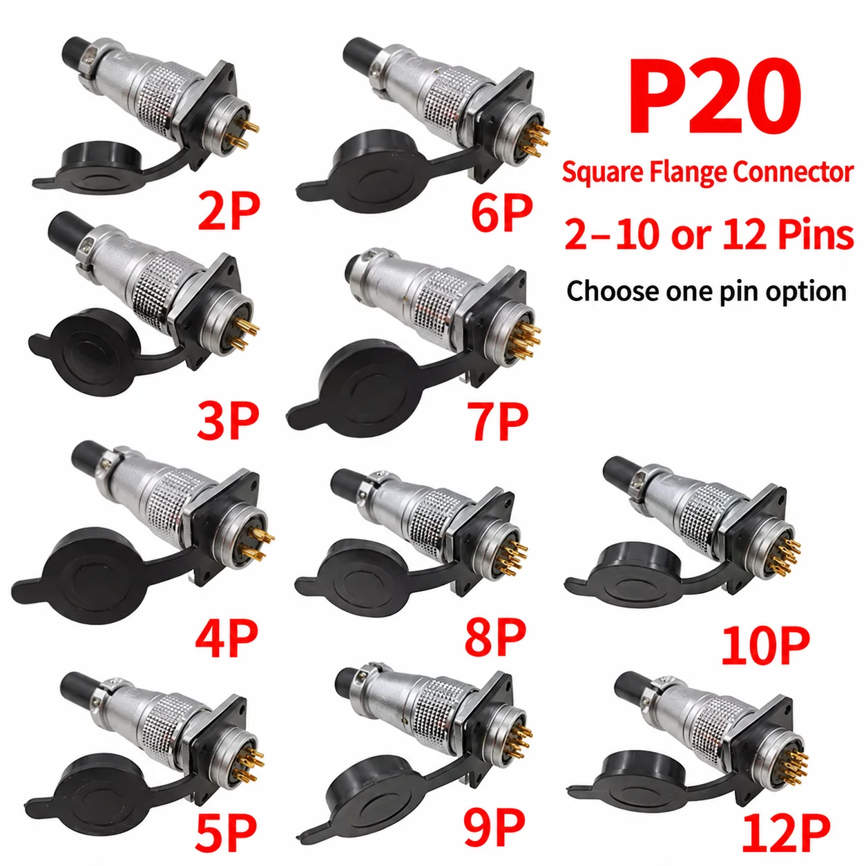 1 Set P20 Square Flange Aviation Connector 2-10 or 12 Pin Male Socket Female Plug 250V M22 Thread Solder Cable Connection