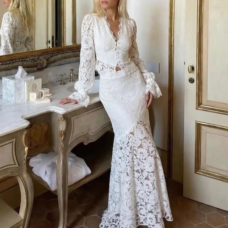 

Women Casual Flared Sleeve Solid Long Skirt Outfits Elegant Lace Patchwork Evening Suit Sexy V-Neck Crop Top & Mermaid Skirt Set