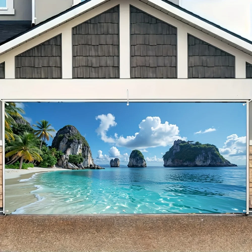 

1 person 2D flat print Paradise Beach banner - vibrant turquoise waters, tropical palm trees and rocks