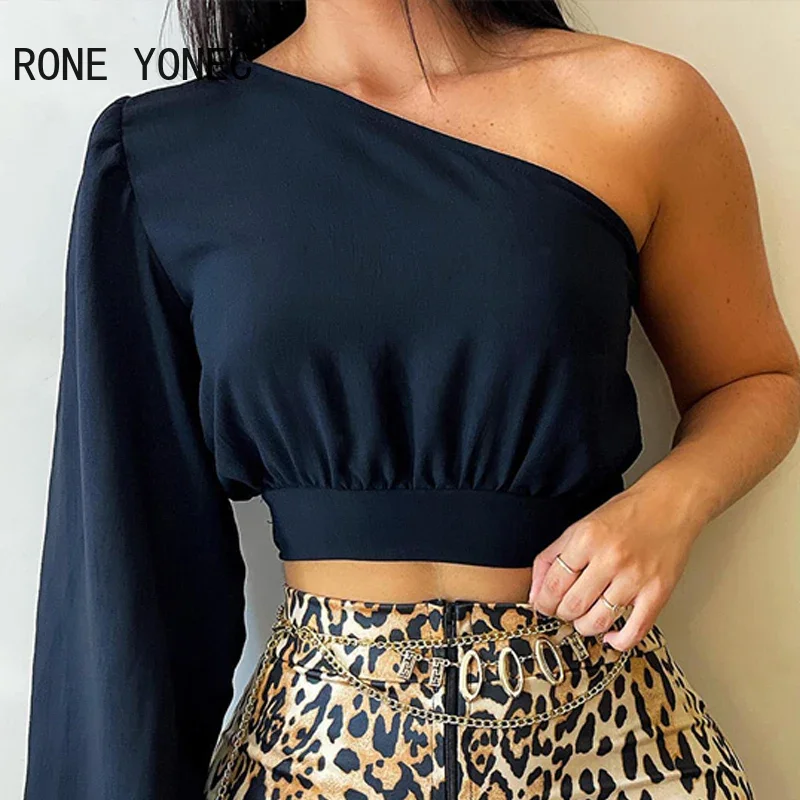 Women Chic Solid Top & Leopard Pattern Bottom One Shoulder Chain Decoration Bodycon Sexy Skirt Sets