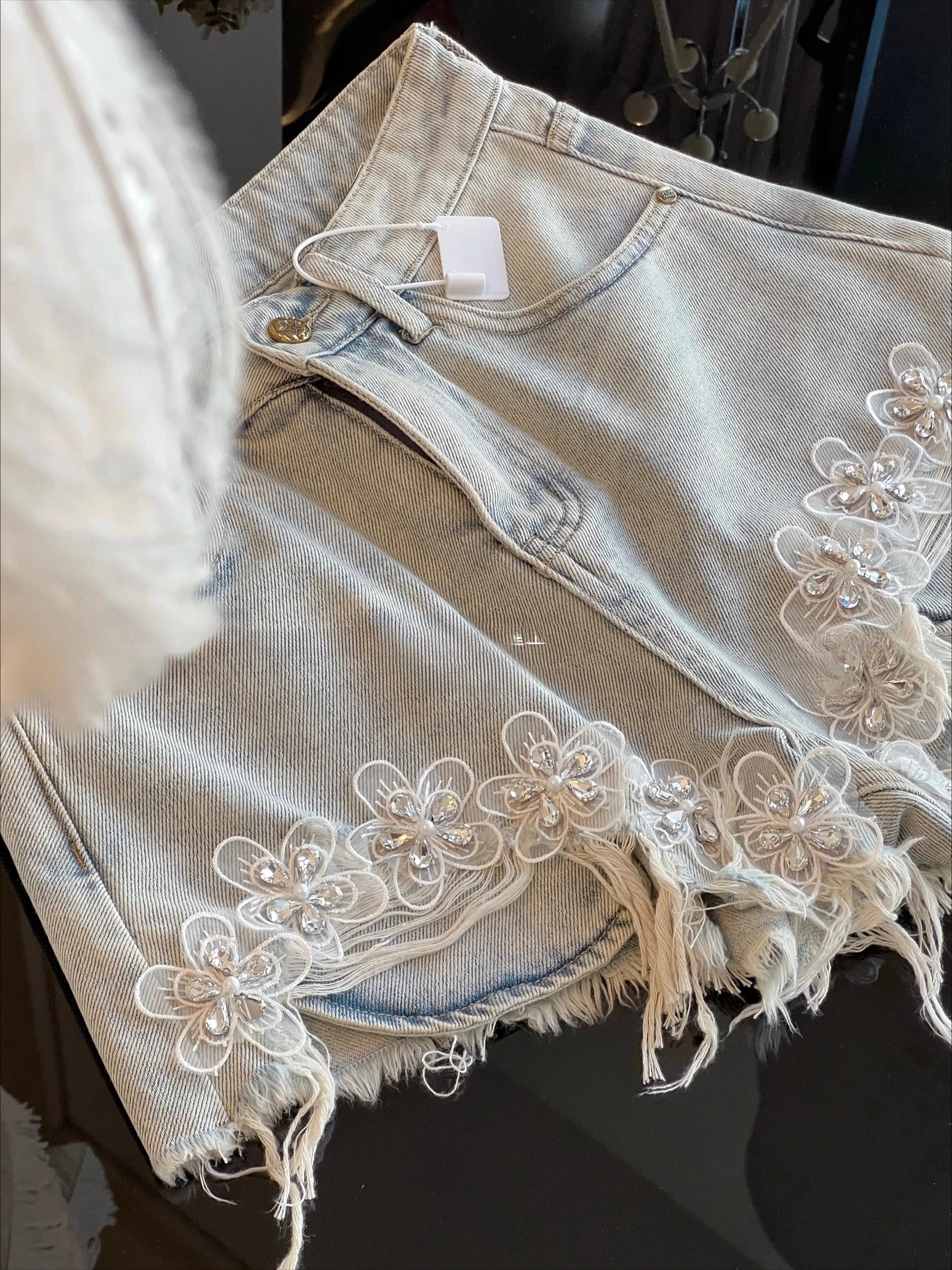 Fashion Tassels Denim Shorts Women's Clothing 2025 Summer New Diamond-encrusted High-waist Wide-leg Shorts Ladies Short Pants