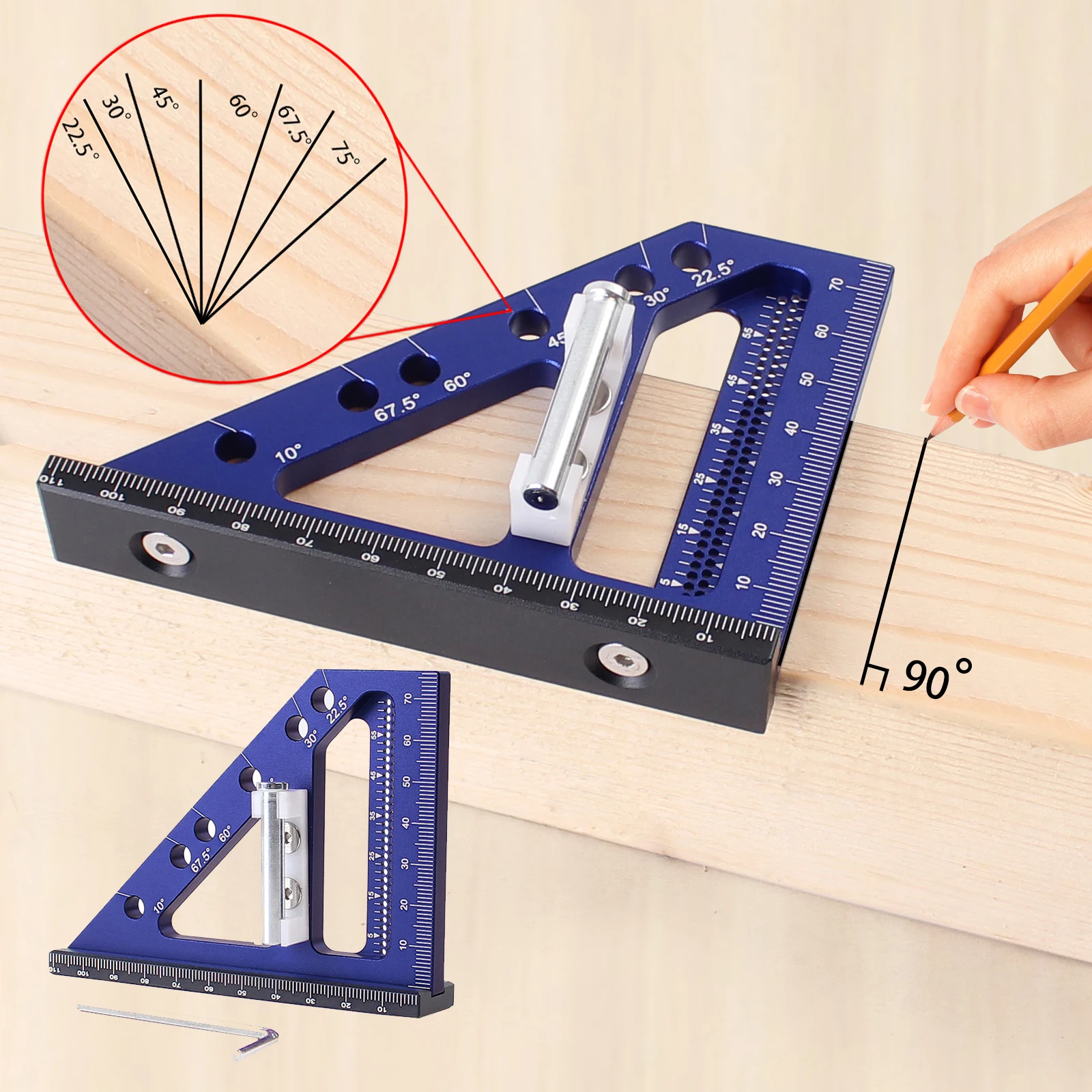 

22.5-90 Degree Woodworking Square Protractor Aluminum Alloy Miter Triangle Ruler Layout Measuring Tool for Engineer Carpenter
