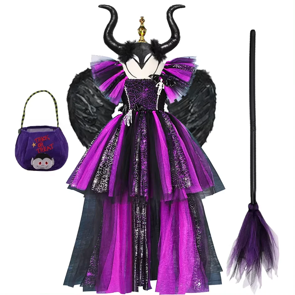 Girls Maleficent Halloween Cosplay Devil Witch Dress Carnival Party Toddler Kids Bat Costume Infant Dress Up Children Clothing