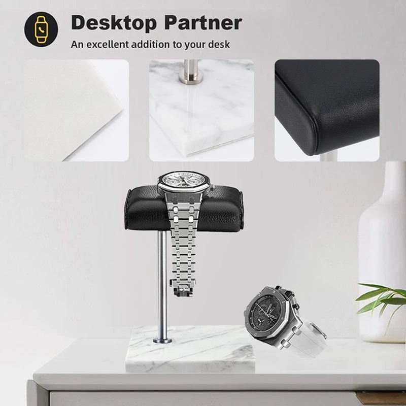 White Marble Watch Bracelet Display Stand Black PU Leather Jewelry Stand Watch Stand Silver Color Rod Placement Stand