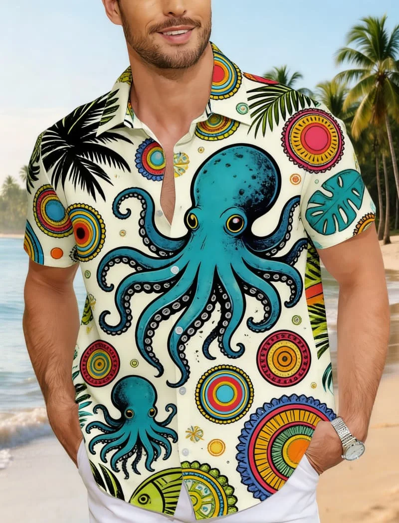 

Men's Stylish Tropical Ocean Short Sleeve Shirt - Octopus Crab Turtle Starfish Print Casual Top For Beach Vacation Wear