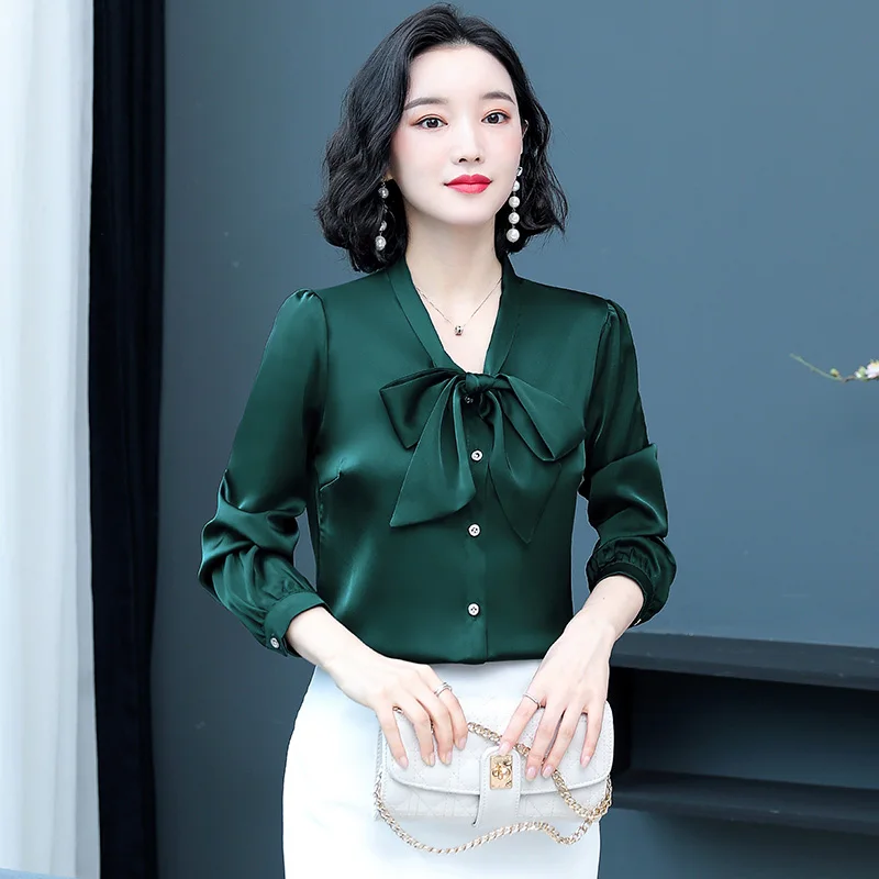 Authentische Seide Damen irt Frühling Herbst Maßgeschneiderte gerade Schnitt lange Sve Knoten reine Farbe Pendeln Sle