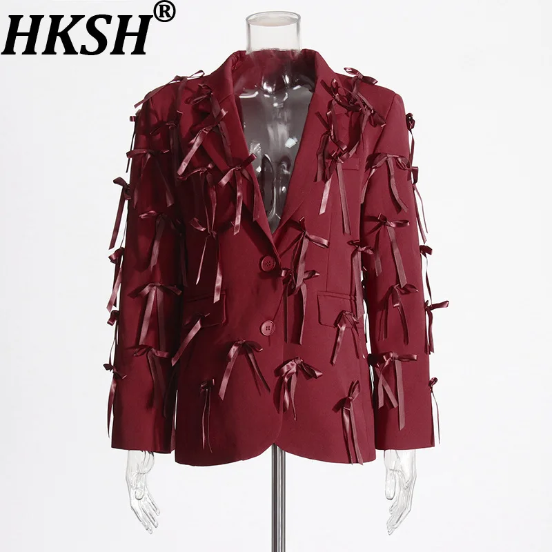 

HKSH Autumn New Women Chic Blazer Niche Design Three-Dimensional Bowknot Single Breasted Pockets High Street Elegant Coat HK9044