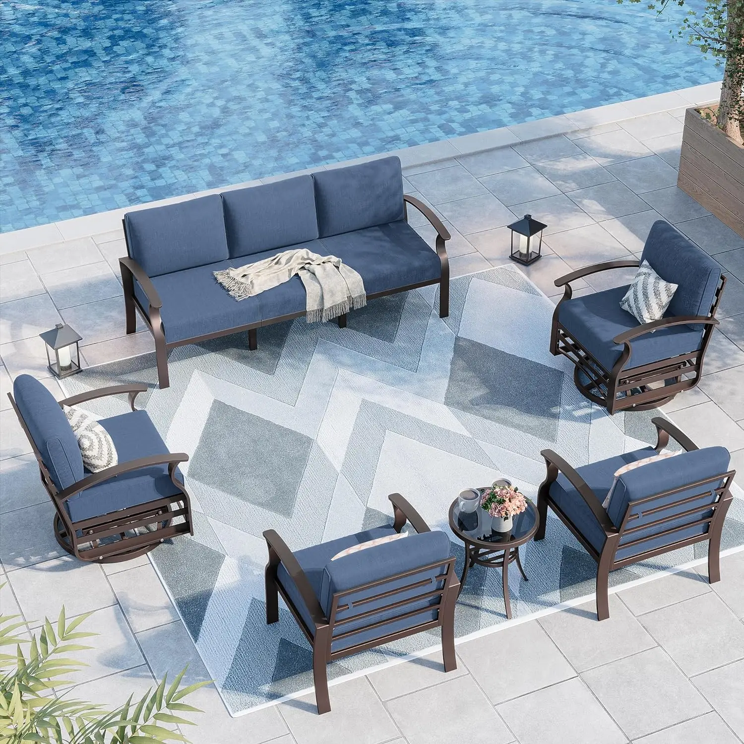 

Aluminum Patio Furniture Set 7-Seat Metal Outdoor Conversation w/Swivel Rocking Chairs Patio Sectional Sofa w/5.1 Inch Cushion