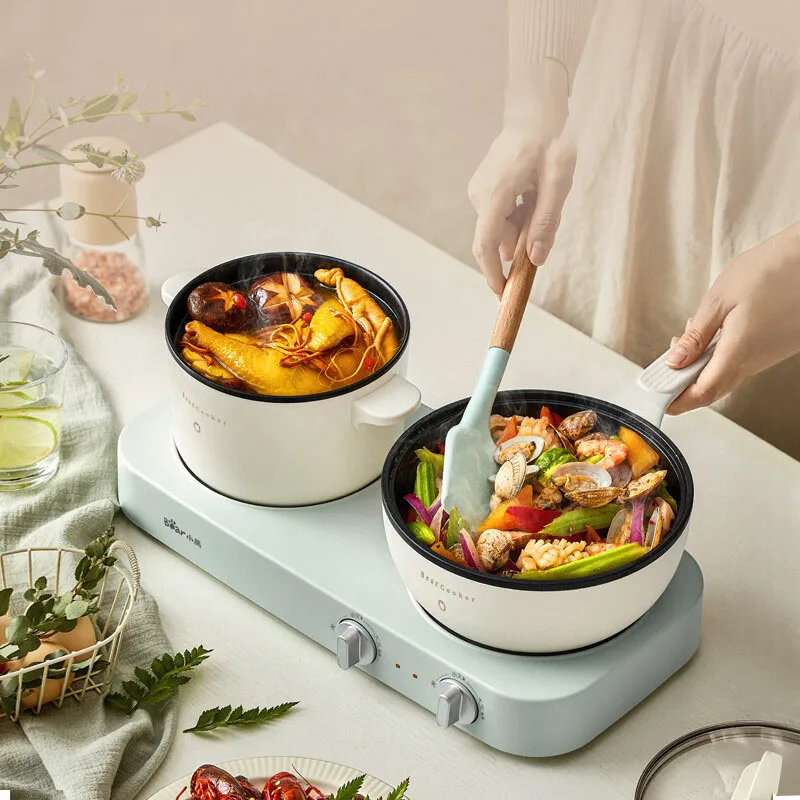 หม้อหม้ออาหารไฟฟ้าสองชั้นรูปหมีหม้อทอดไฟฟ้าอเนกประสงค์1400W หม้ออาหารแยกหม้อเคลือบสารกันติด