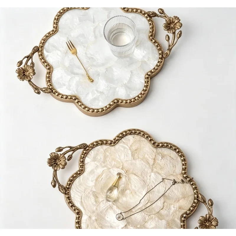 Vintage Luxury Shell Decorative Tray Countertop Art Flower Miscellaneous Storage Tray with Metal Handles Cosmetics Storage Tray