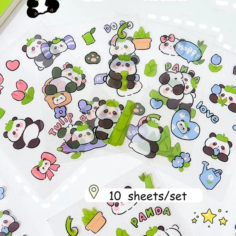 10Sheets/set Cartoon Panda Stickers PET Transparent Sticky Decoration DIY Cups Diary Planner Stickers for School Gift Kids Girl