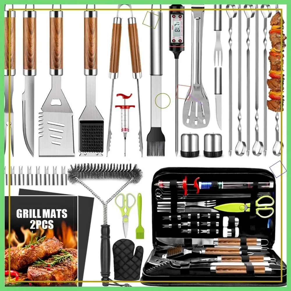 

34-Piece Stainless Steel BBQ Tool Set with Thermometer, Grill Mats & Accessories for Outdoor Cooking