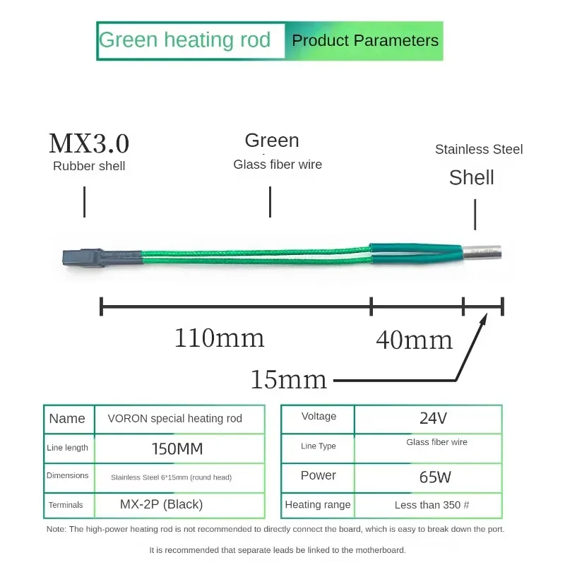 Varilla de calentamiento verde Grassland, tubo de calefacción de alta potencia, 24V, 50/65W, 6mm x 15mm, longitud de línea de 15CM