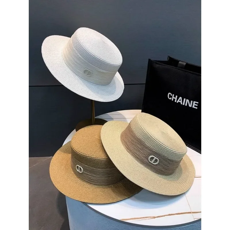 

French retro top hat, flat topped straw hat, women's beach sunshade and sun protection hat, beach UV resistant sun hat
