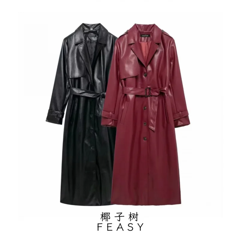 

2025 European American Women's Fashion Hot-Selling Autumn and Winter New Style Turn-Down Collar Belted Long Faux Leather