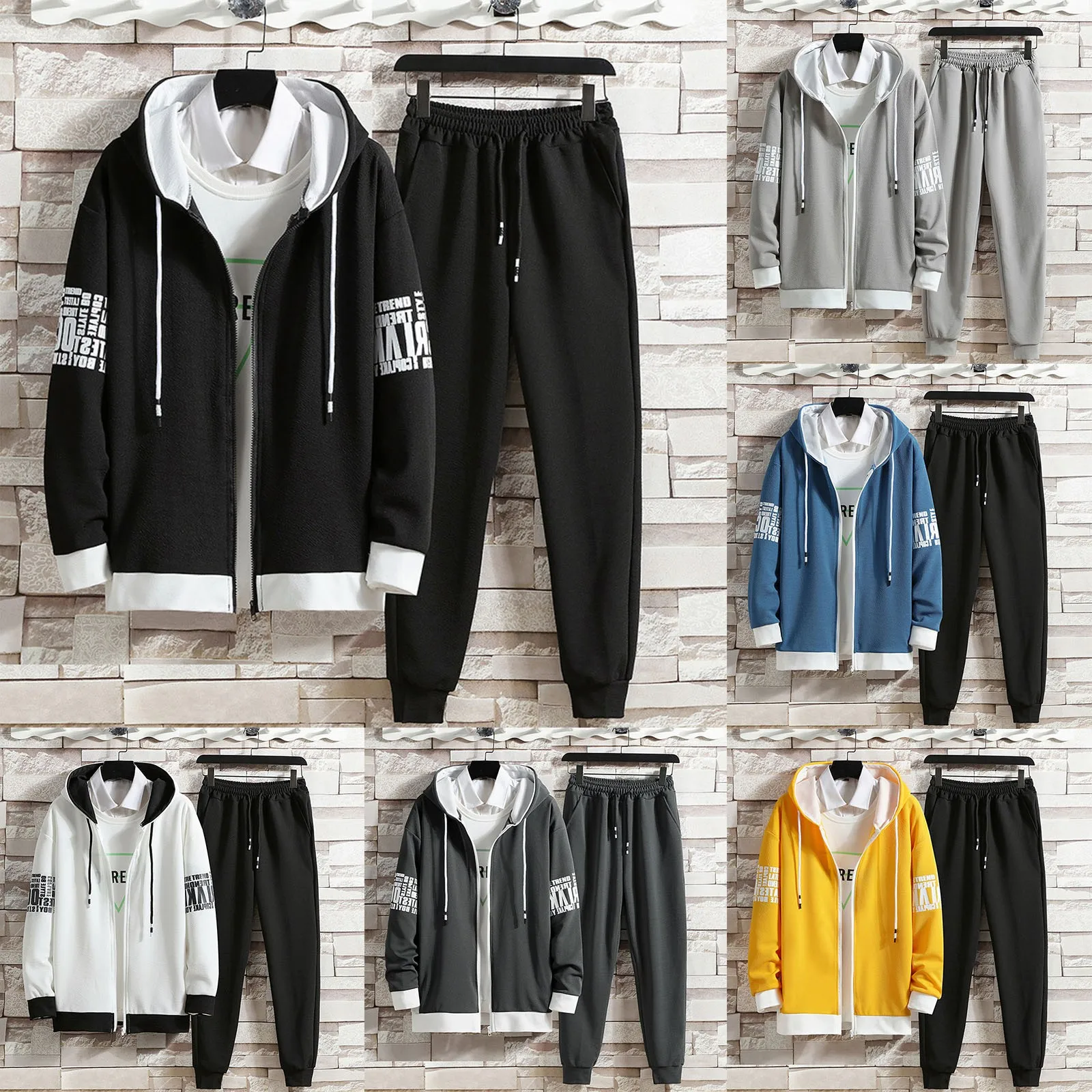 Spring Autumn Men Sets Zipper Hoodies+Pants Set Gym Sportswear Suit Male Casual Elastic Waist Sweatpants Solid Loose Tracksuit