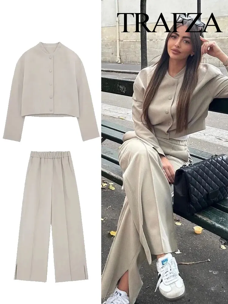 TRAFZA Women's Spring Loose Bomber Jacket Set Beige Round Neck Jacket + Elastic High Waist Women's Side Pocket Wide Leg Pants