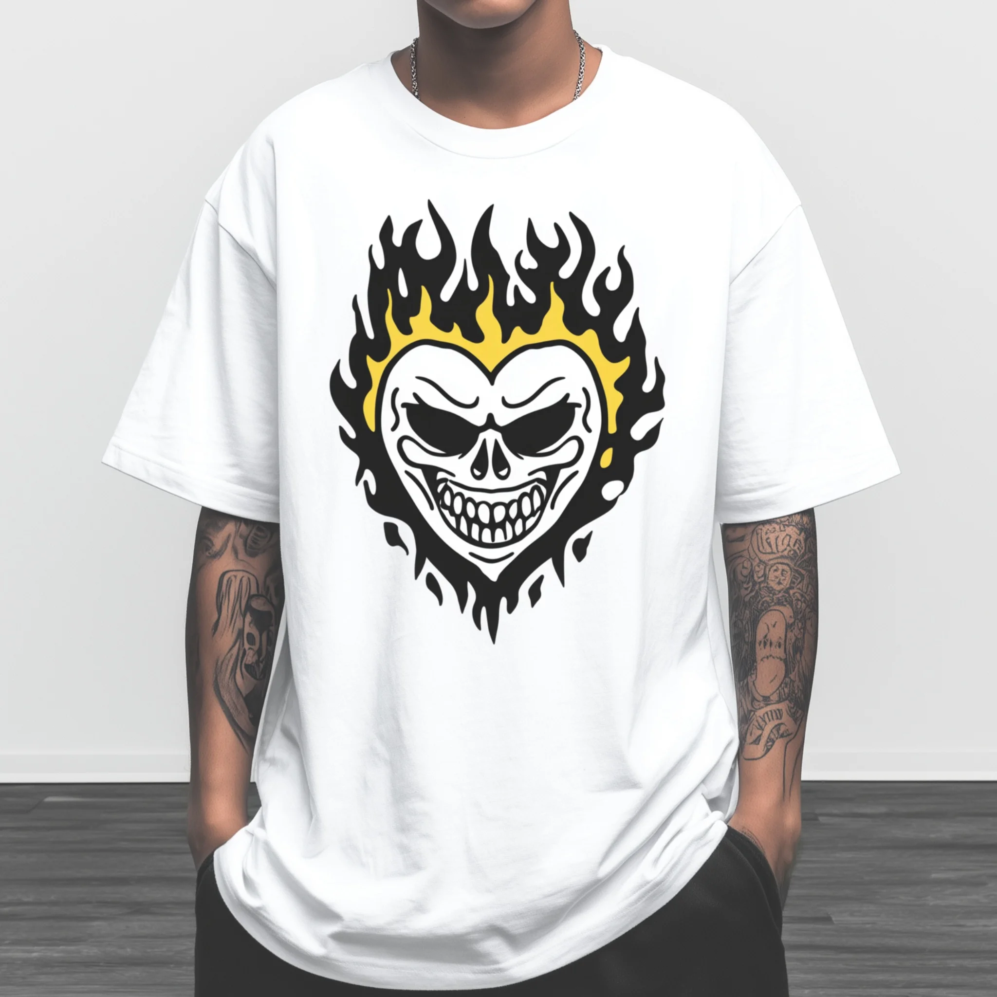 

Teevo Men's Casual T-Shirt Flame Skull Graphic Print Daily Wear Street Style Top