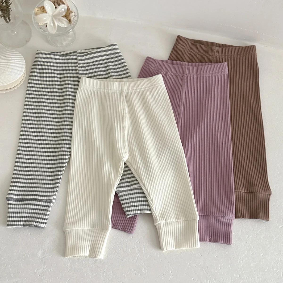 Baby Ribbed Leggings 4Pcs Set Toddler Solid Striped Cotton Pants Soft Elastic Waist Kids Casual Trousers for Boys Girls