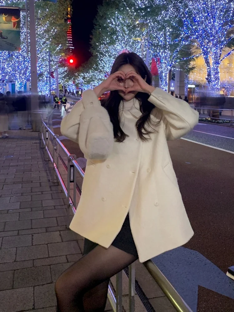 Ele White Woolen Coat for Women Korean Sle Vintage Lapel Double Buttoned Outerwear Mid-Length Loose Fit Winter Faion