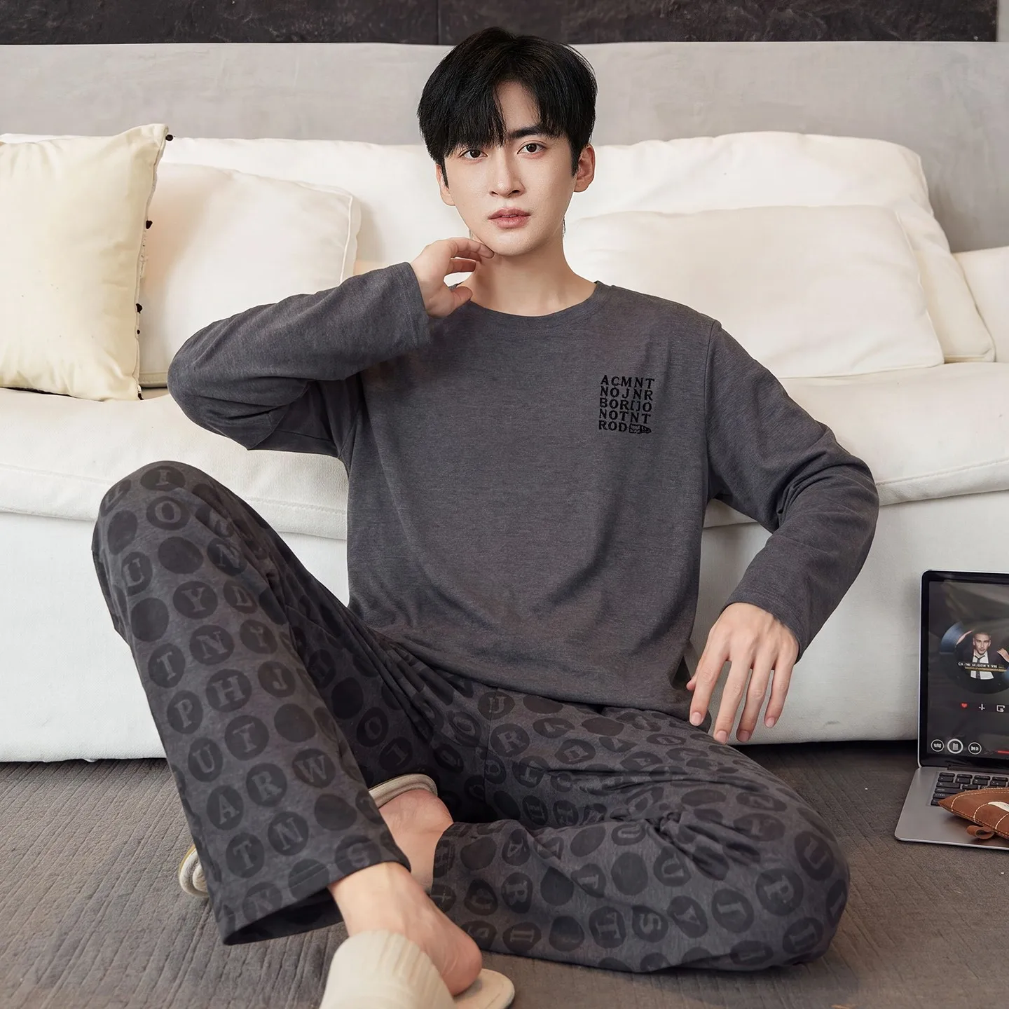 Korean Fashion High Quality Cotton Nightwear for Men Long Sleeves Trouser 2Pcs/set Pajama Male Young Boy Autumn Spring Sleepwear