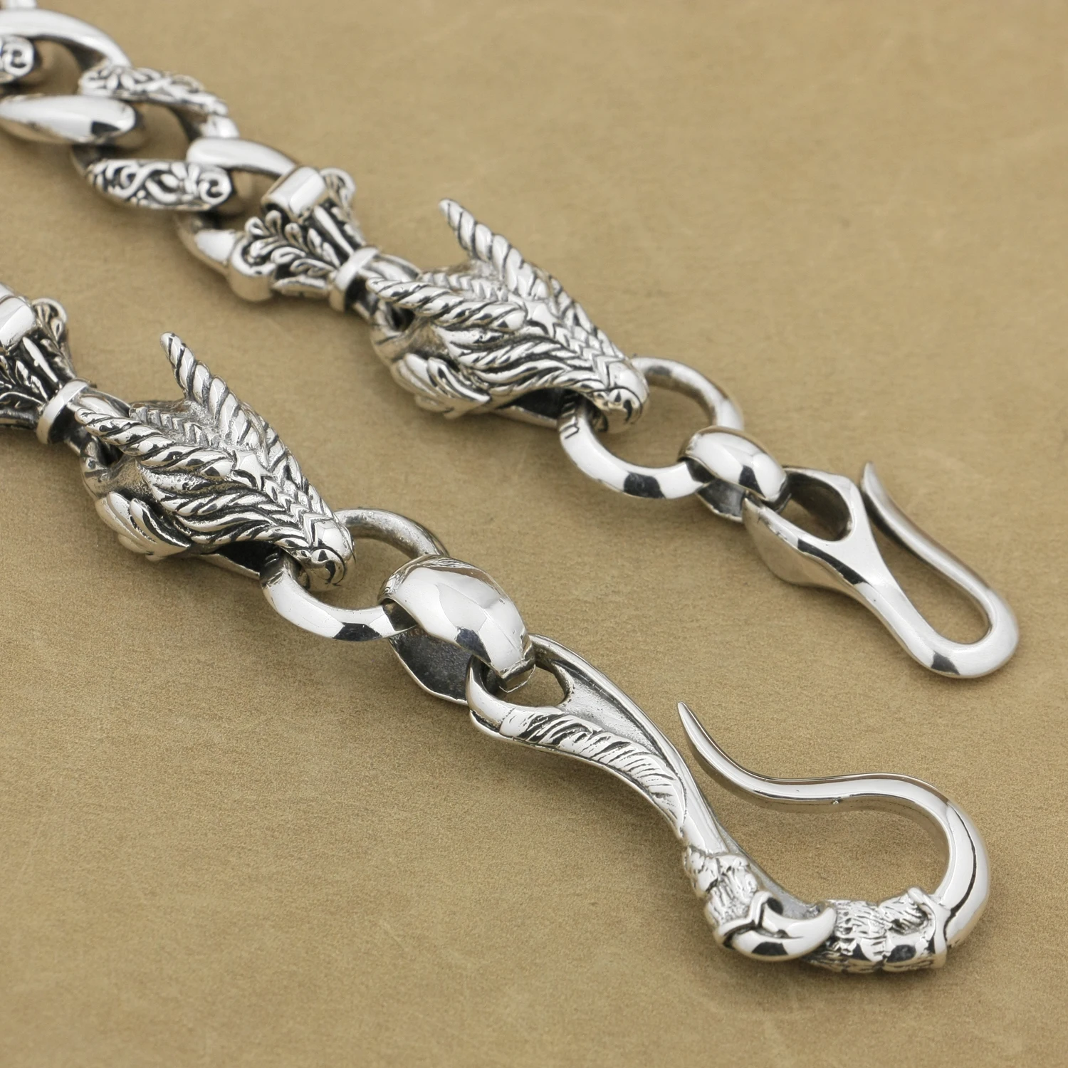 925 Sterling Silver Huge Fish Hook Dragon KeyChain Punk Wallet Chain 8F002WC2