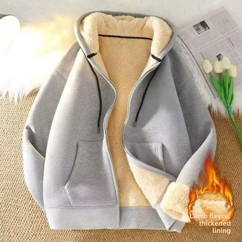 Ladies plus Size Loose Fit Hooded Fleece Lined Thickened Lamb Velvet Sweatshirt Warm Casual Open Cardigan Outerwear Trendy