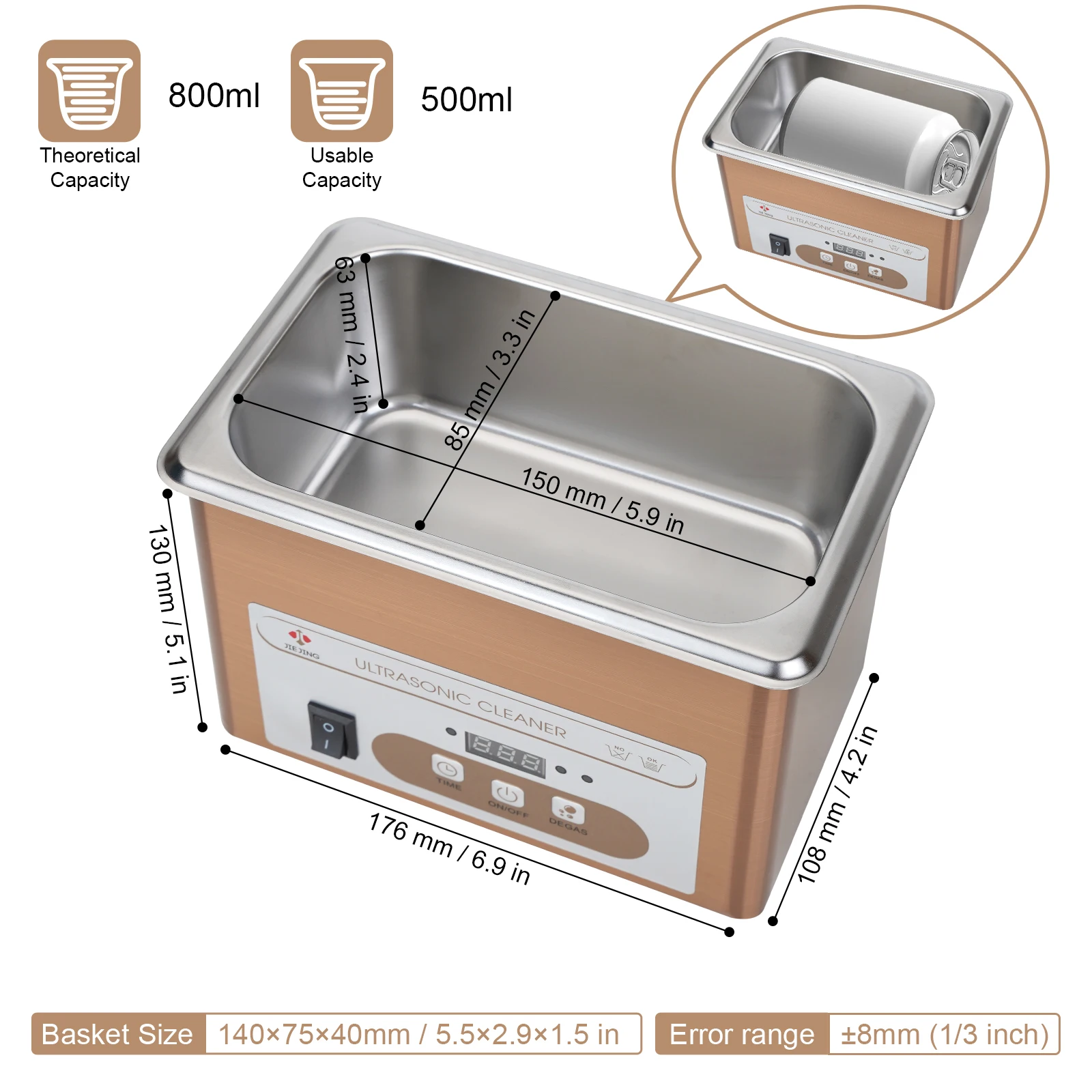 60W limpiador ultrasónico, 800mL tina ultrasonico, 40kHz ultrasonidos limpiador, lavadora ultrasonica para piezas pequeñas, limpiador de joyas