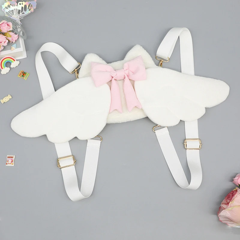 Sacs à dos mignons en peluche avec nœud papillon avec ailes détachables, accessoires de robe Lolita Anime noir/blanc, sac d'école pour petite fille Halloween