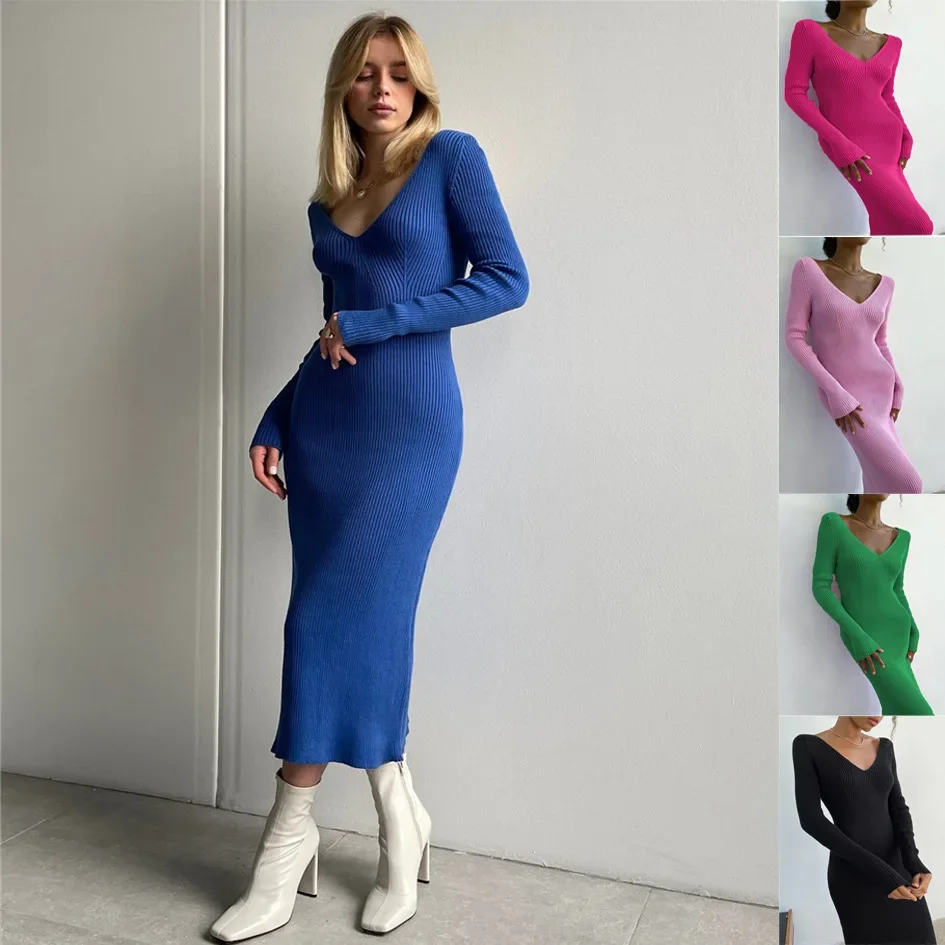 

Fall Winter Knit Rib Wrap Midi Pencil Dress for Women Casual Simple Style Long Sleeve V-Neck Backless Bodycon Dress