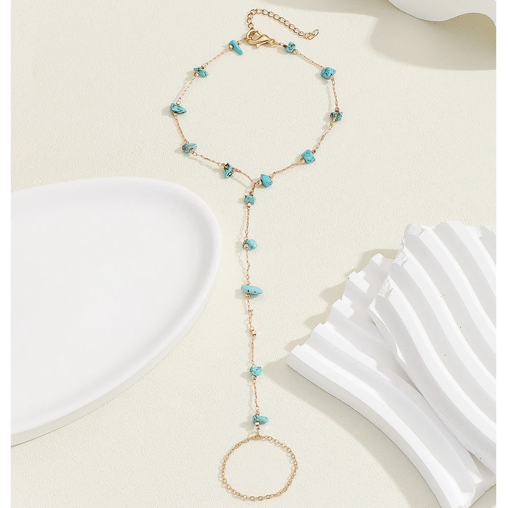 Bohemian Turquoise Bracelet And Ring Irregular Gemstone Bracelet And Ring  Adjustable Chain Women's Jewelry Beach Accessory