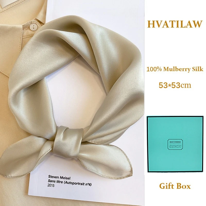 

100% Real Silk Scarf Women Summer Small Square Shawl Neck Hair Ribbon Headband Neckerchief Hairband Bandana Decoration Gift Box