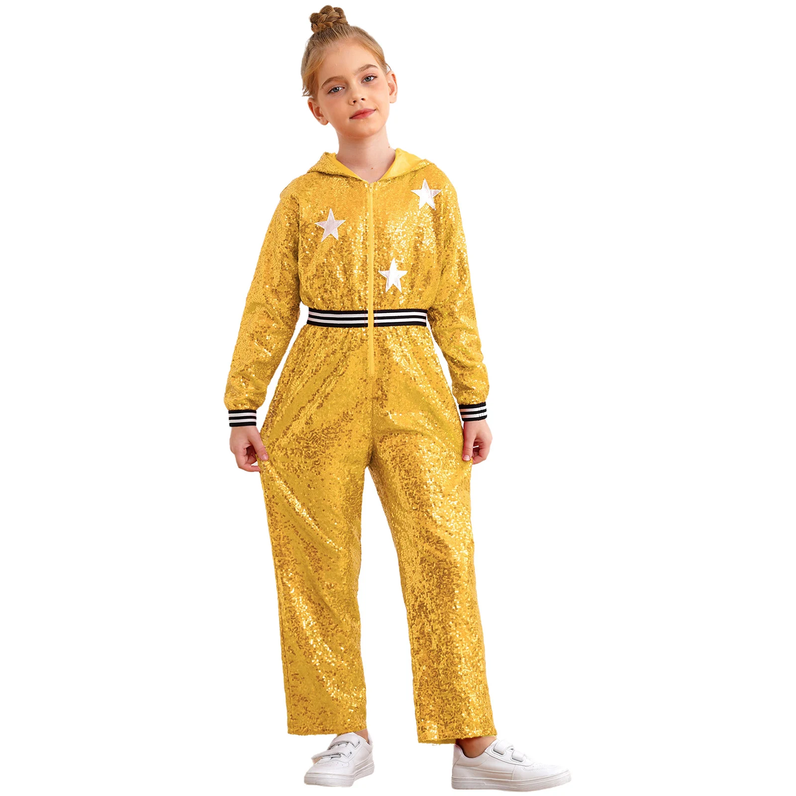 

Kids Girls Hip Hop Dance Jumpsuit 90's Disco Theme Party Costume Long Sleeve Metallic Star Shiny Sequins Zippered Hooded Rompers