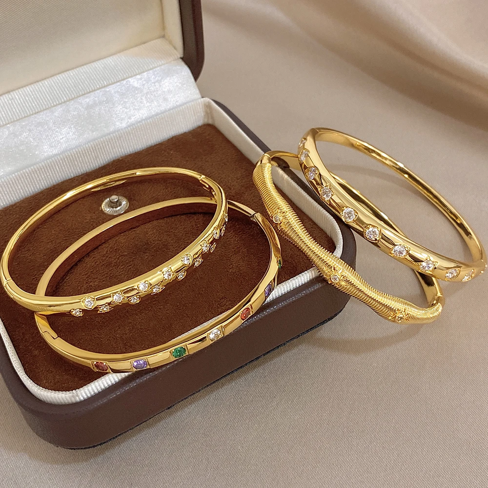 Greatera Heart-shaped Star Zirconium Copper Bracelet Corrugated Point-drilled Plated Gold Waterproof Women's Bangles Jewelry