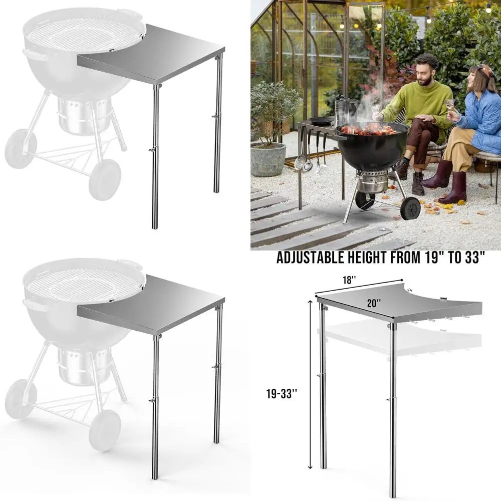 

Adjustable Height Side Shelf for Weber 18-22 Charcoal Grills, Stainless Steel Construction