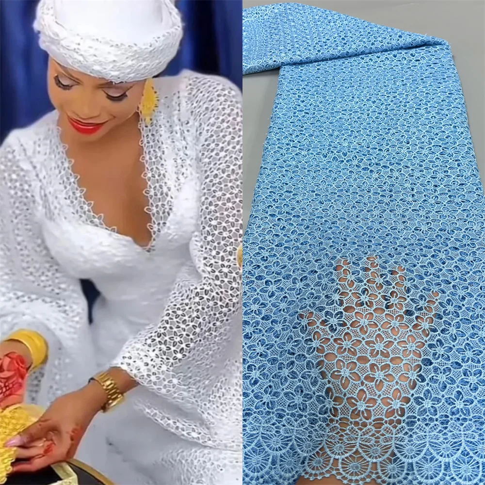 

African Milk Silk Fabric With Water Soluble Lace 2025 High Quality Milk Silk Nigerian Mesh Lace Fabric For Wedding Dress