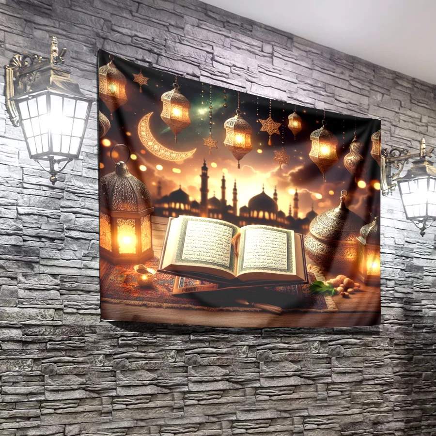 1PC Digital Printed Tapestry Wall Hanging, Ramadan Lantern Star Moon Mosque, Islamic Eid Holiday Living Room Decor