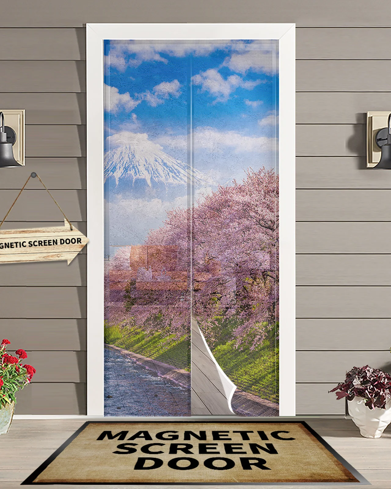 Mount Fuji Sakura Landscape Magnetic Mosquito Net Summer Anti Bug Fly Door Curtains Kitchen Screen Door Mesh