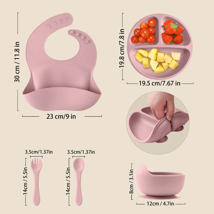 5PCS Silicone Dinner Sets For Baby Non-Slip Bowl Suction Plate Adjustable Bib Soft Utensils Feeding Training Baby Meal Tray