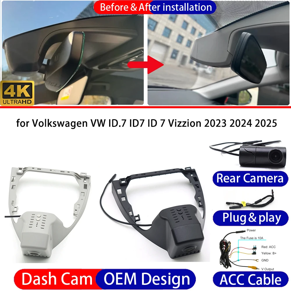 Dash Cam for Volkswagen VW ID.7 ID7 ID 7 Vizzion 2023-2026 Front＆Rear 4K DVR Dashboard Camera Video Drive Recorder Night Vision