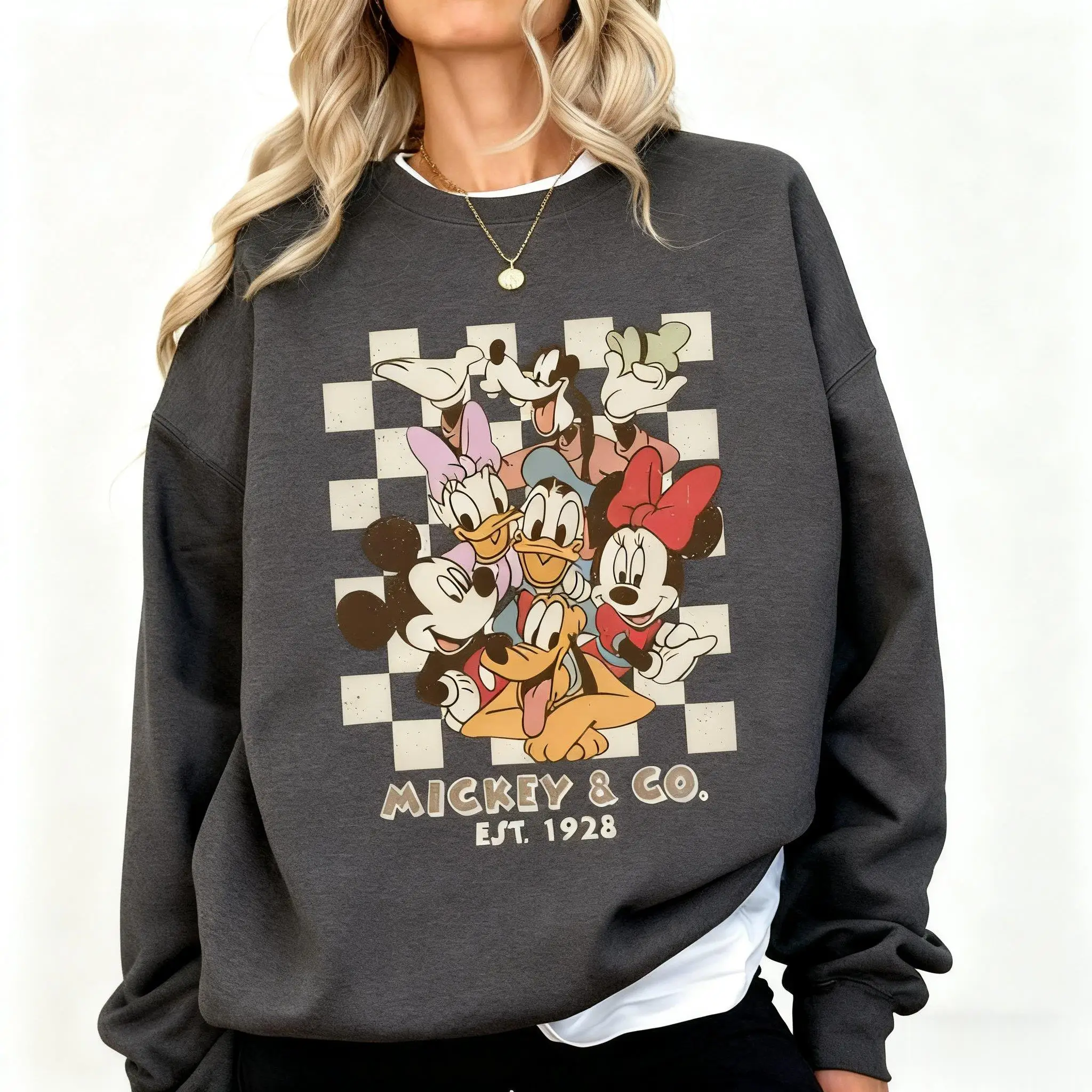 خمر ديزني ميكي ماوس Crewneck البلوز المرأة فضفاضة عادية كم طويل البلوز سترة الشارع الشهير الخريف الشتاء جديد