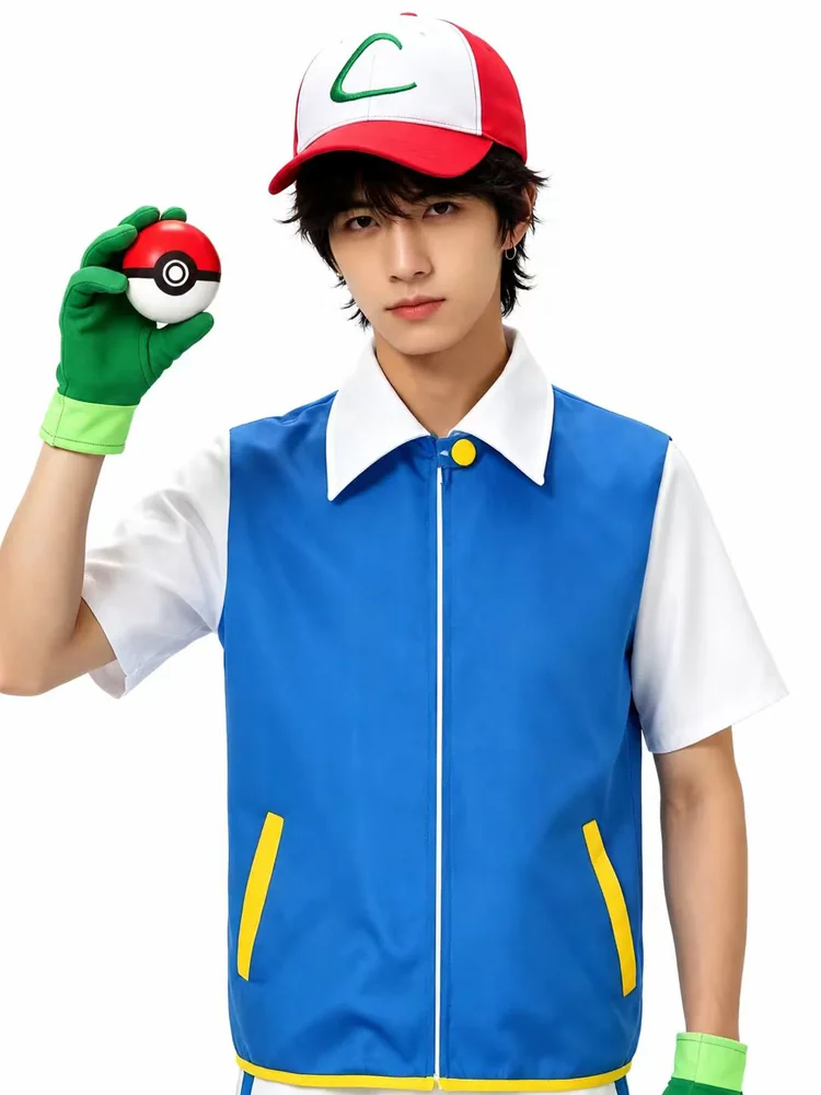 Disfraz de cosplay de Satoshi del anime, conjunto de chaqueta azul, guantes de entrenador, gorro y pelota para hombre, regalo de Navidad y atuendo para fiestas